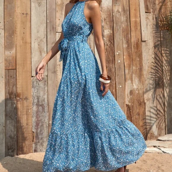 Boho Floral Print Halter Ruffle Maxi Dress CottageCore - Picture 3 of 3